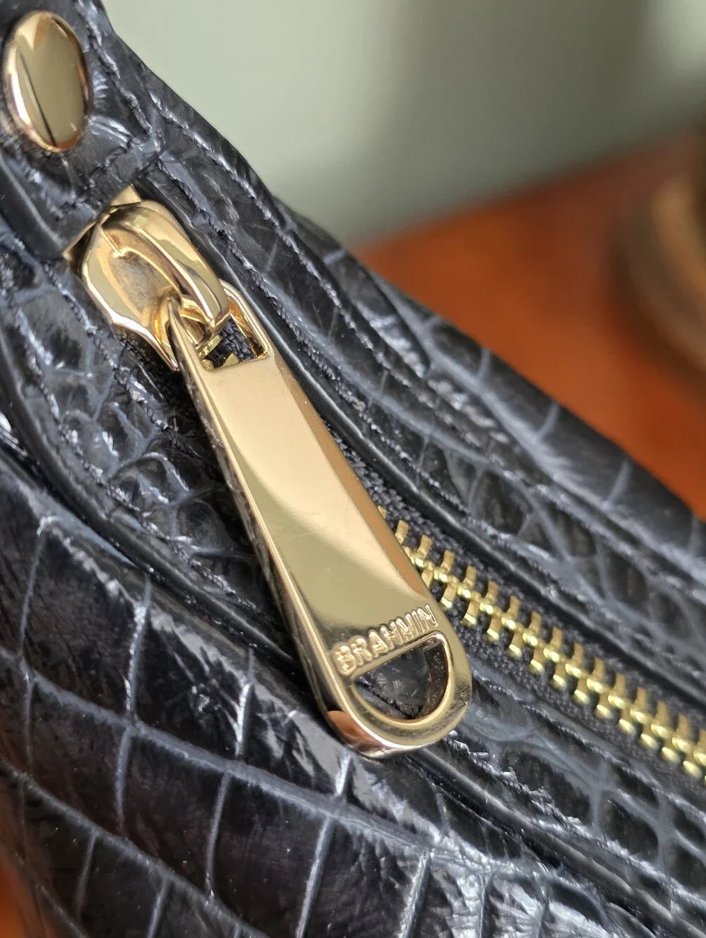 Brahmin Percy Black Alden Road Croc Embossed Crescent Crossbody Bag